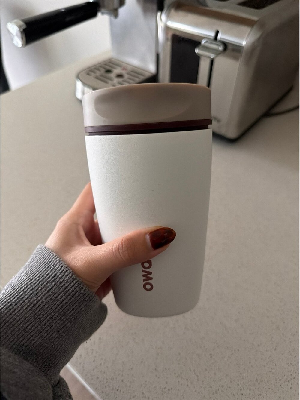 Owala SmoothSip Slider Insulated Stainless Steel Coffee Tumbler, 12 oz, Tan